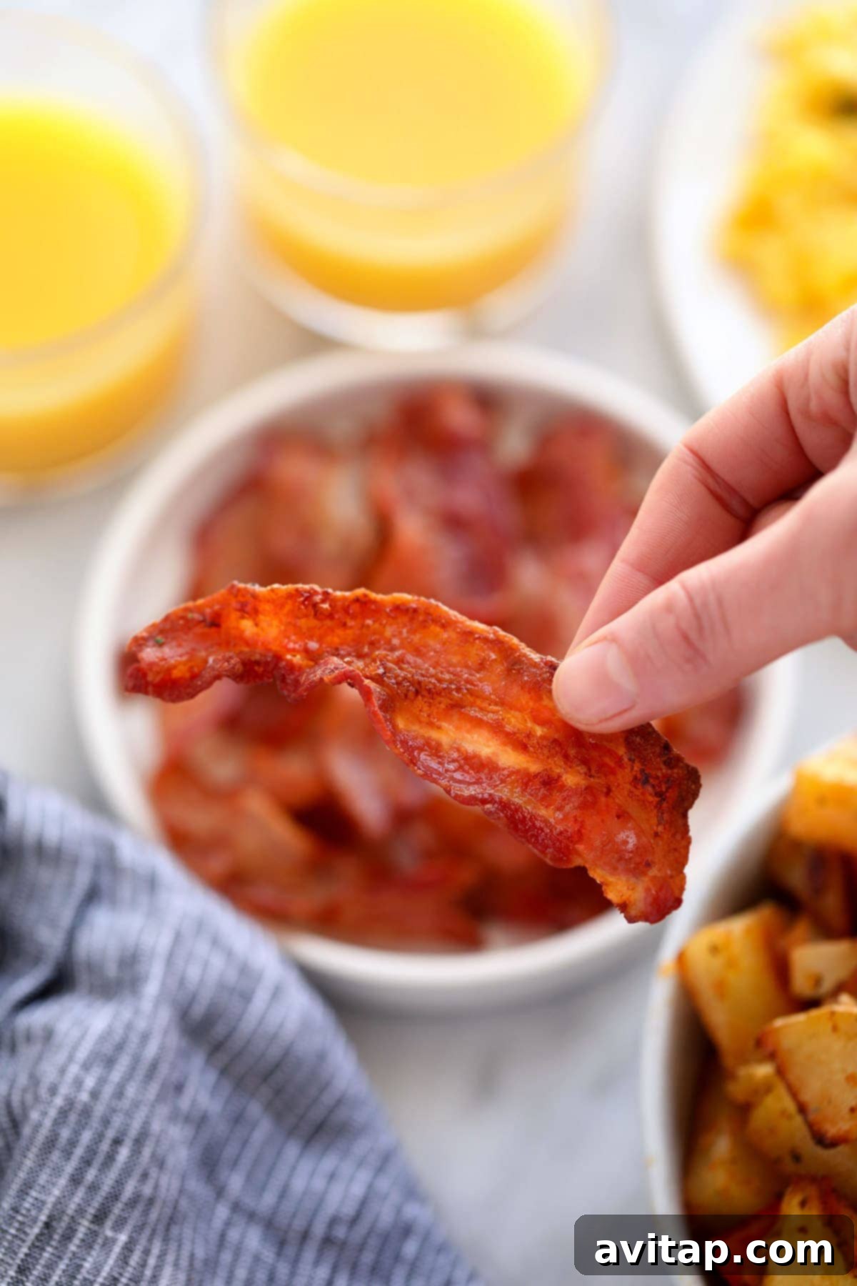 A hand gracefully holding a single strip of perfectly cooked, crispy air-fried bacon, ready to be eaten.
