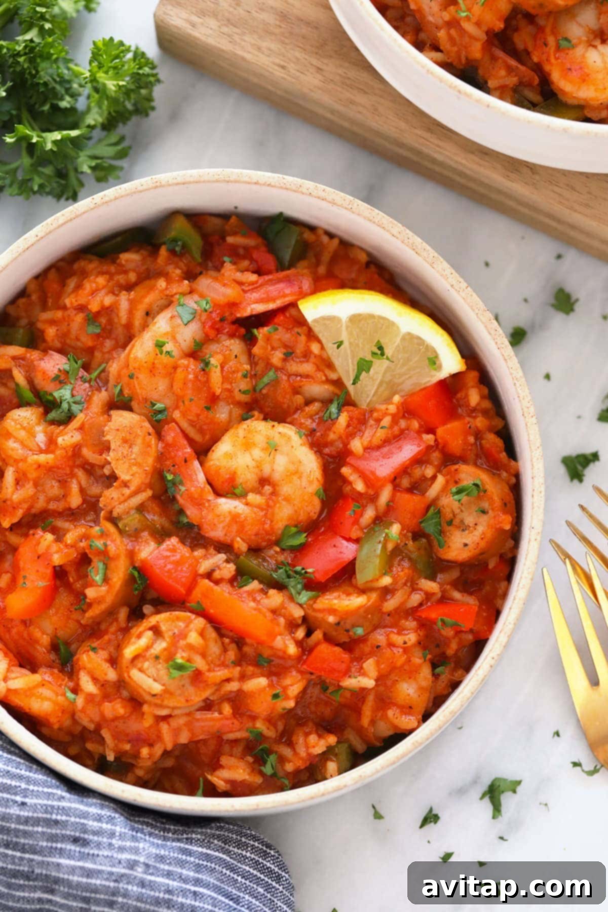 A beautifully plated bowl of Instant Pot Jambalaya, showcasing the delicious blend of rice, shrimp, and sausage.