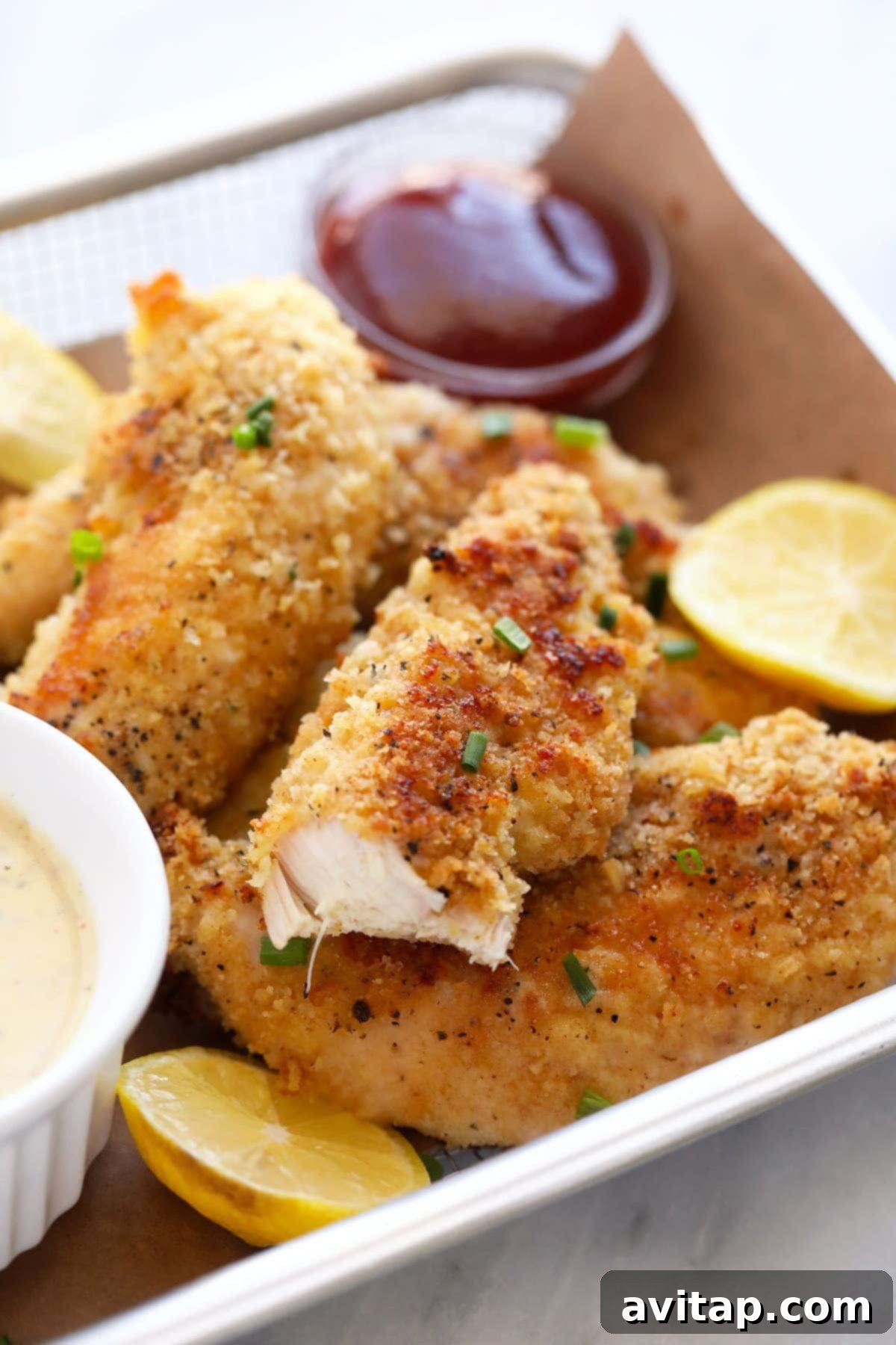 Golden Baked Chicken Fingers 2 Crispy baked chicken tenders served in a basket with ketchup, fresh lemon wedges, and a side of homemade honey mustard dipping sauce.