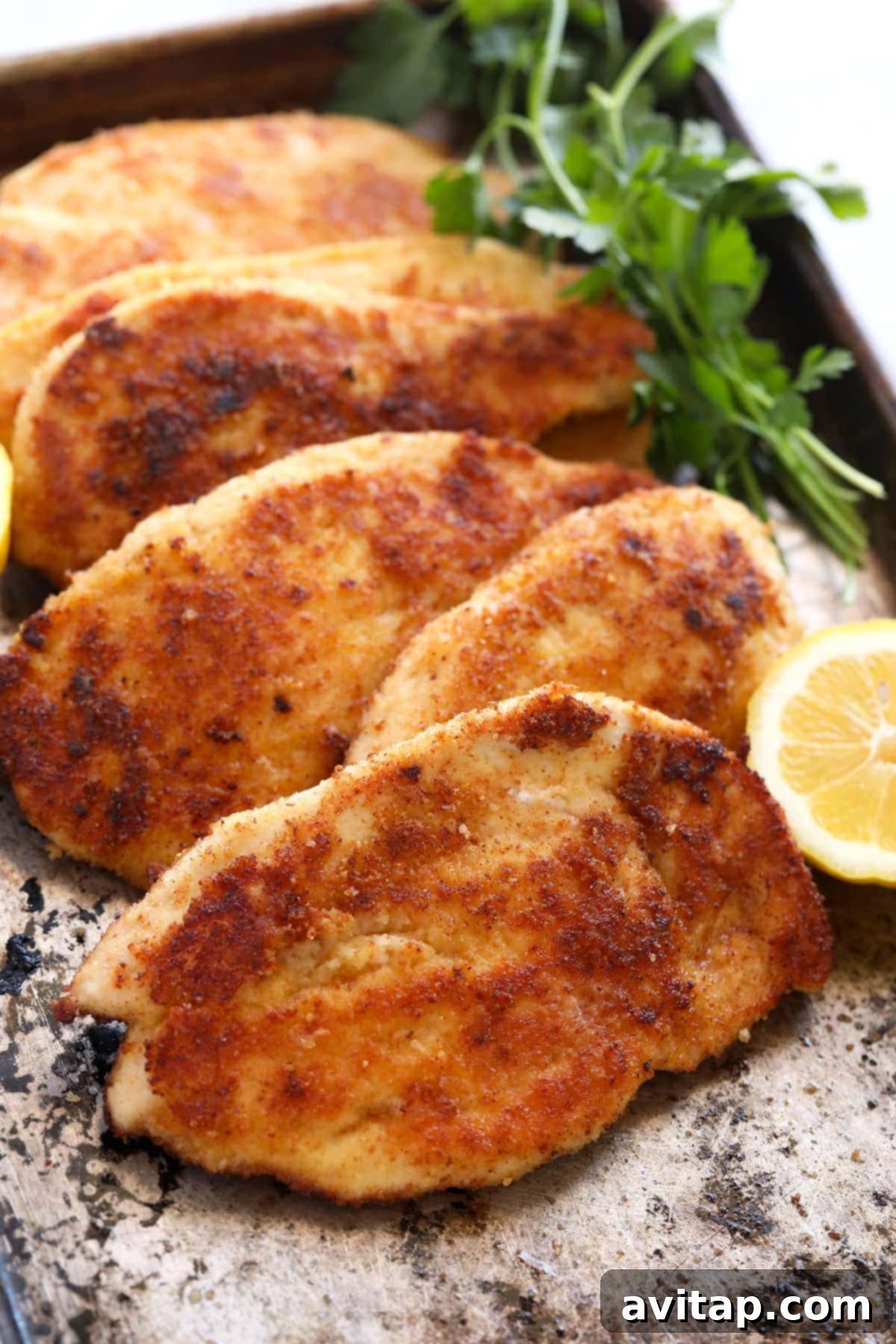 Golden Parmesan Chicken 2 Six golden-brown Parmesan crusted chicken breasts arranged neatly on a baking sheet, ready to be served, showcasing their crispy texture.