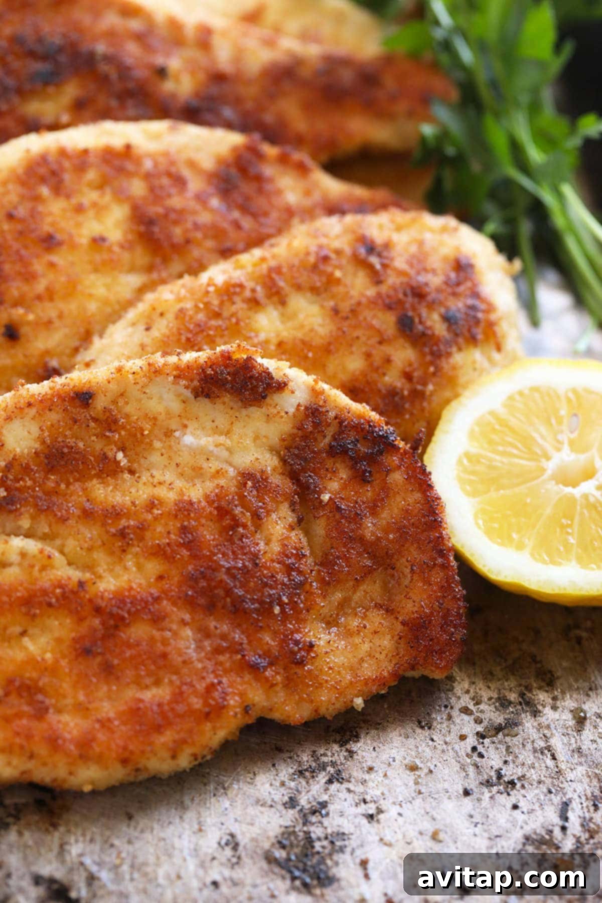 Golden Parmesan Chicken 5 A perfectly pan-fried crispy Parmesan crusted chicken breast served on a white plate, garnished with a fresh lemon wedge and parsley.