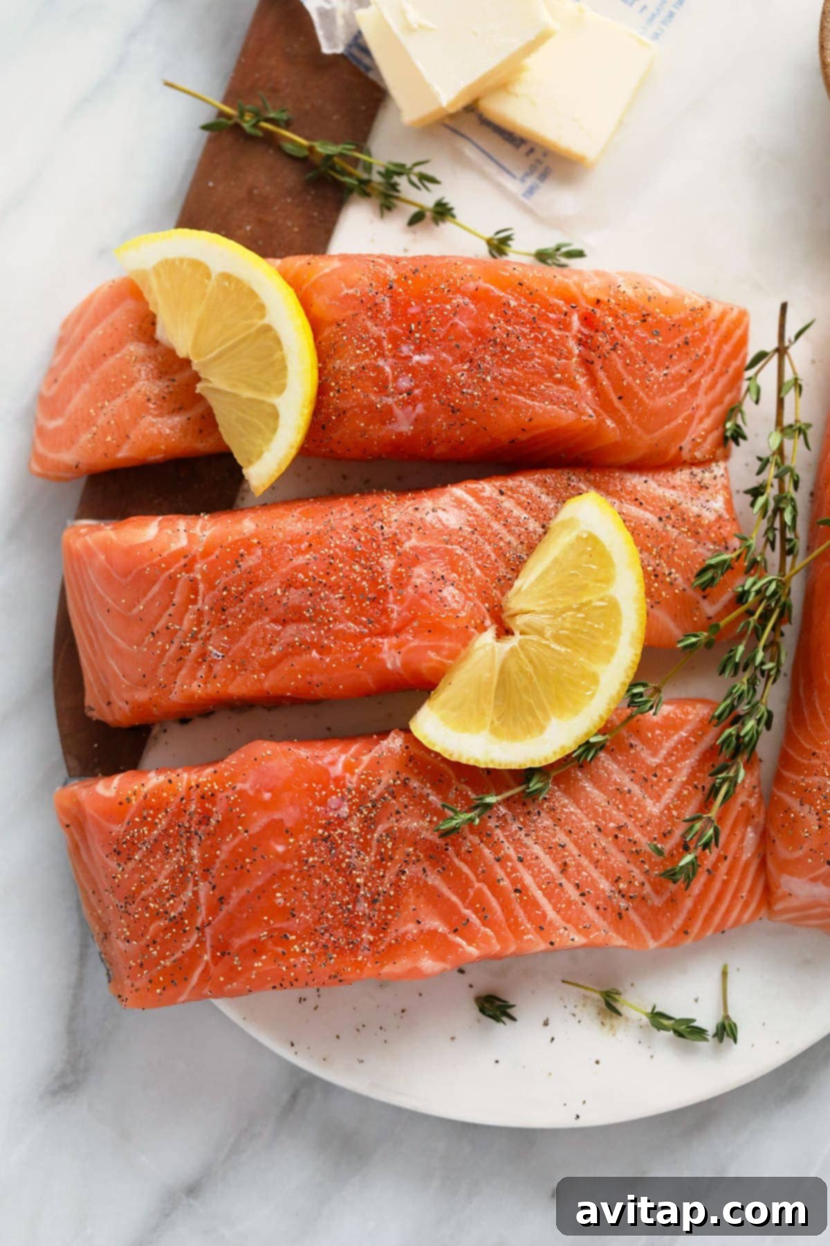 Zesty Lemon Caper Salmon 3 Fresh salmon fillets seasoned with salt, pepper, and herbs, alongside sliced lemon and fresh thyme sprigs, ready for cooking.