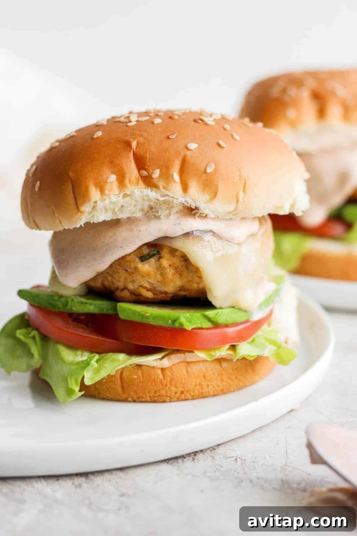 Juicy chicken burger on a toasted bun with fresh avocado and sliced tomato, ready to be enjoyed.