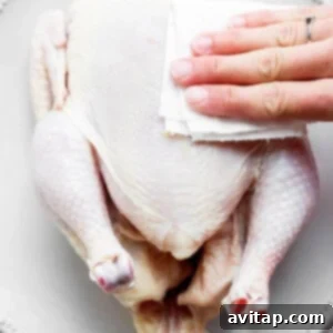 A person patting a raw chicken dry with paper towels.