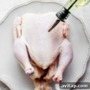 A whole chicken being drizzled with olive oil.