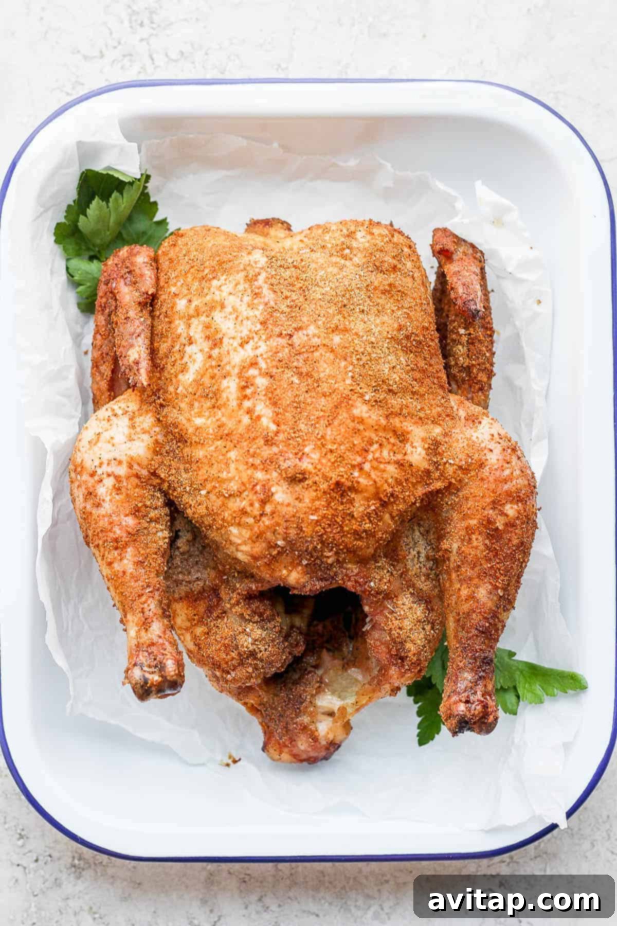 Slow-Smoked Whole Chicken 5 A whole smoked chicken resting in a pan, its crispy skin glistening, ready for carving.