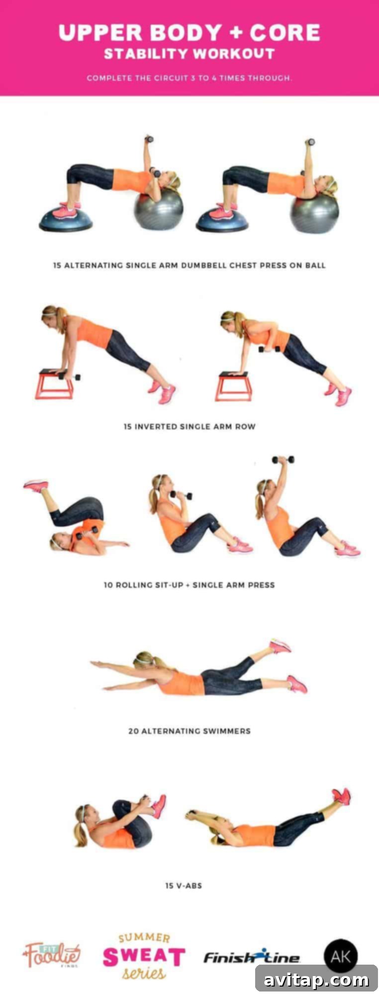 Summer Strong Upper Body Core Stability 2 Engage your core and strengthen your upper body with this dynamic stability workout. Combining a range of exercises, this routine is designed to enhance balance, build muscle, and improve overall functional fitness.