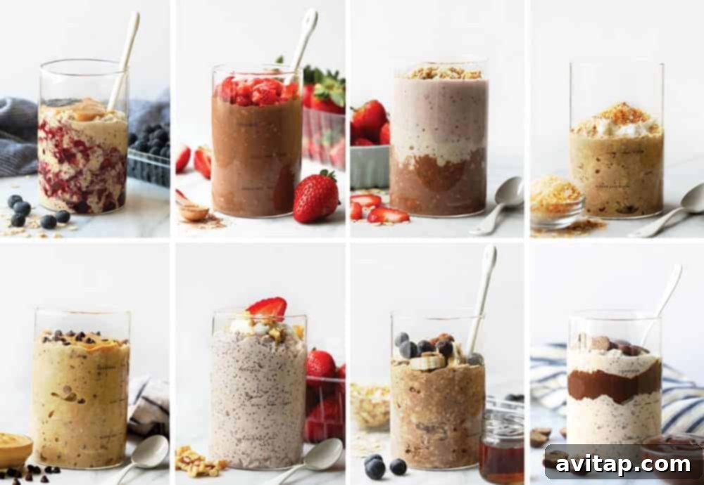 Selection of various overnight oats flavors in glass jars, showcasing their delicious and colorful layers.