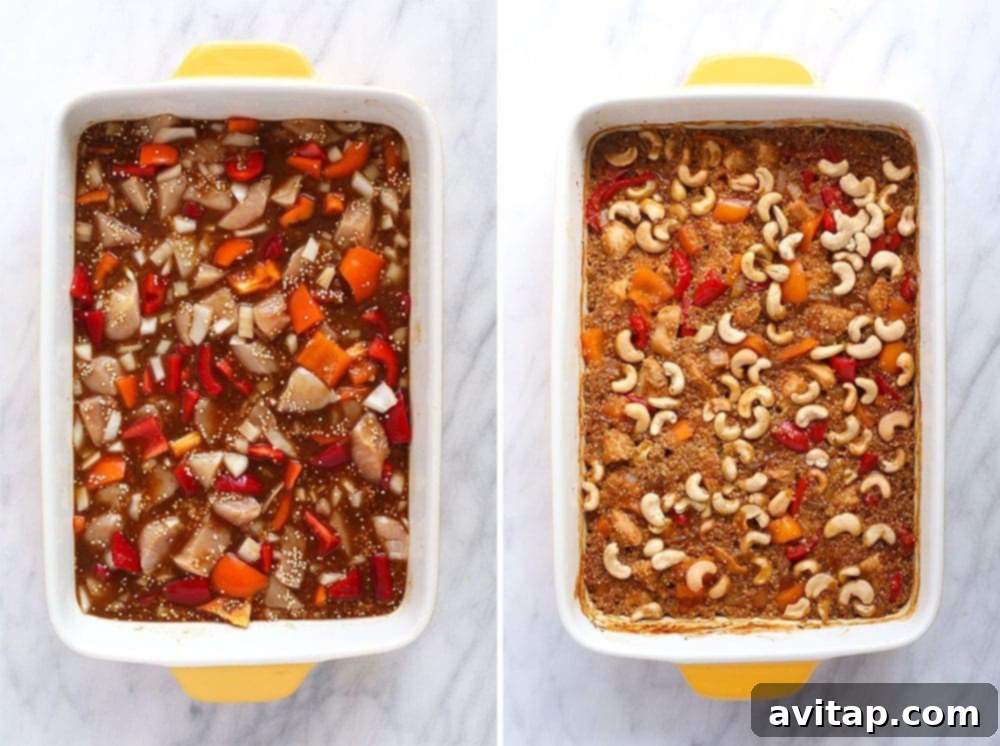 Wholesome Cashew Chicken Bake 5 A side-by-side comparison of the Cashew Chicken Quinoa Bake, before and after baking to golden perfection.