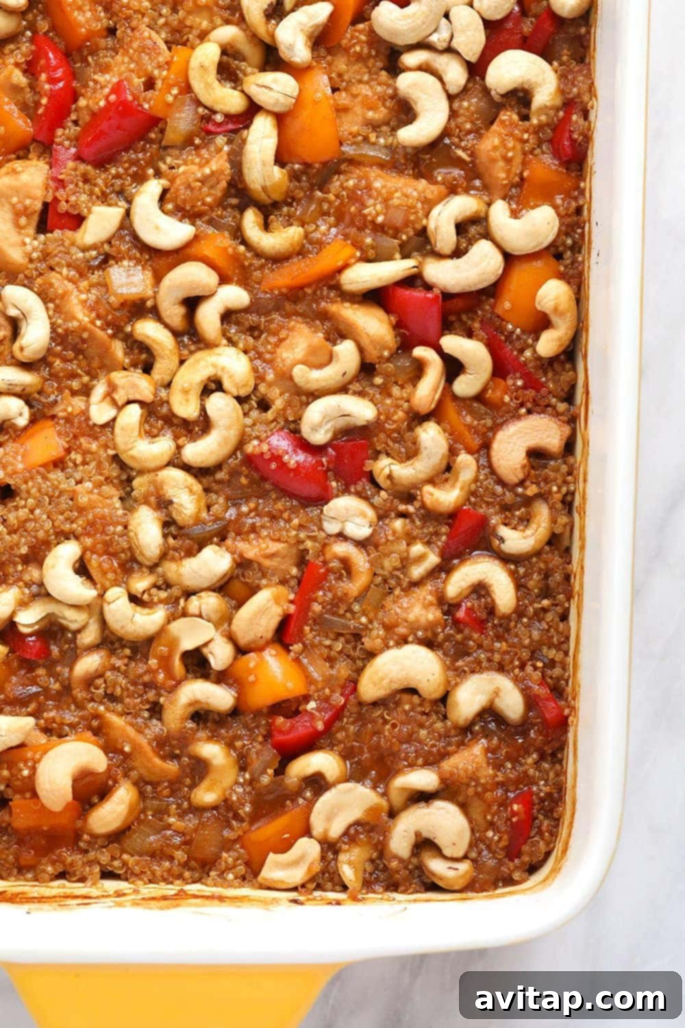 Wholesome Cashew Chicken Bake 6 The complete Cashew Chicken Quinoa Bake, beautifully baked and ready for a family dinner.