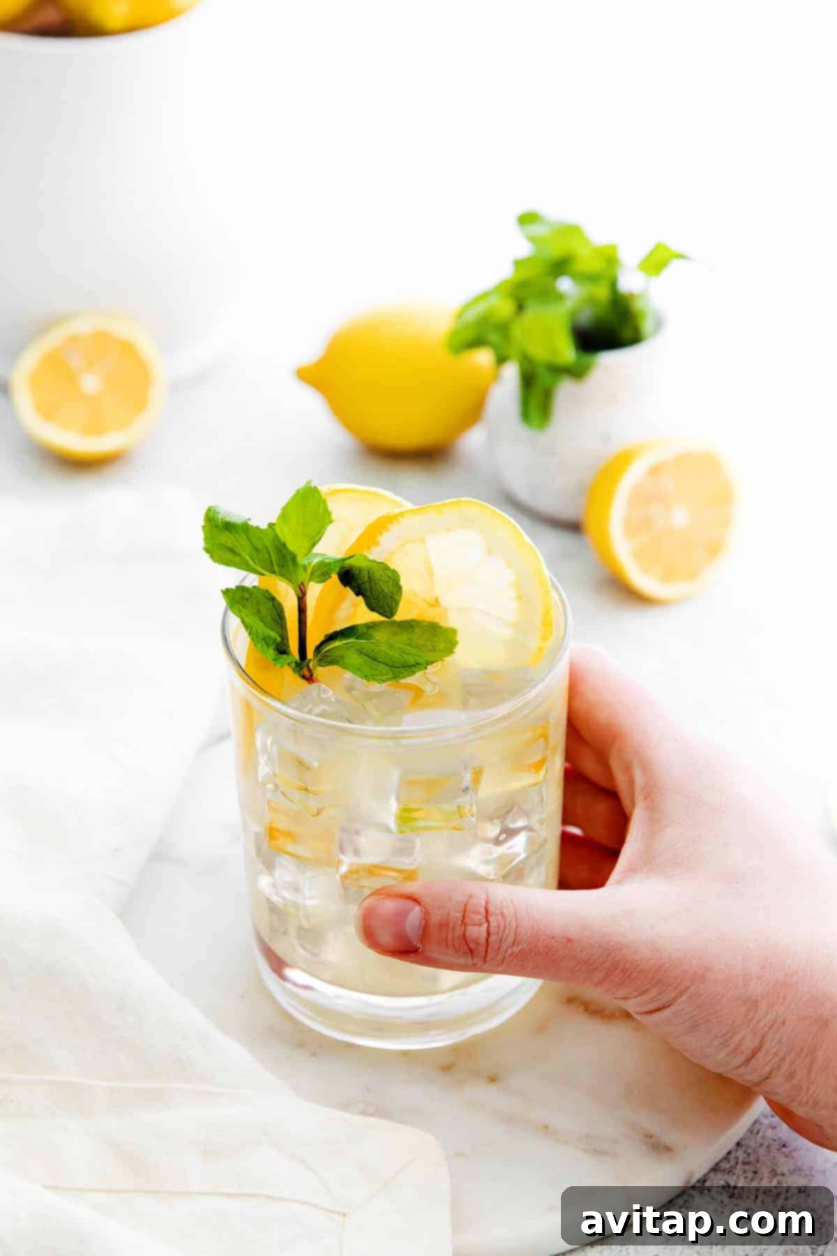 Vibrant vodka lemonade in a glass, garnished with fresh lemon slices and mint sprigs.