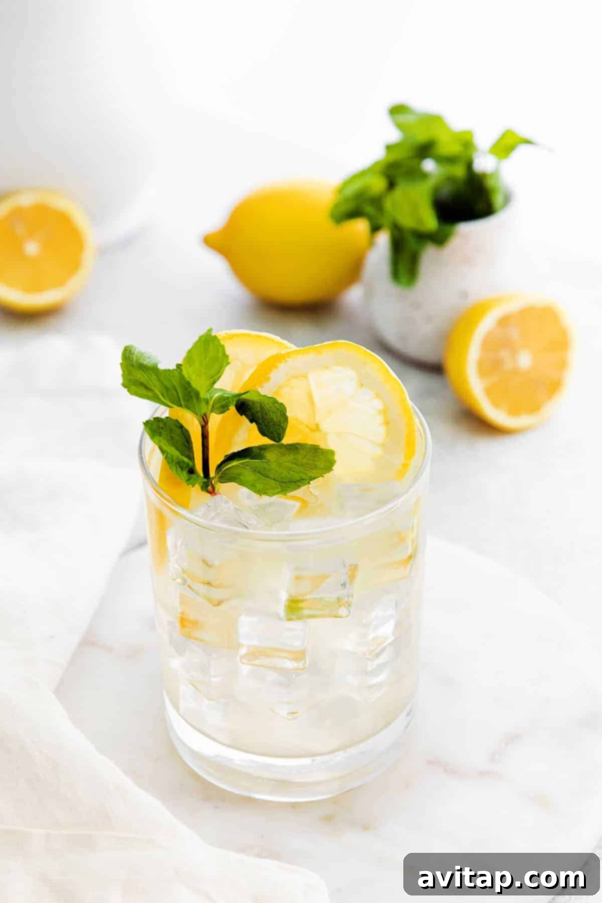 A refreshing glass of vodka lemonade, adorned with fresh mint and lemon, sparkling on ice.