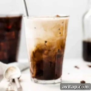 A glass of cold brew coffee, ready to drink.