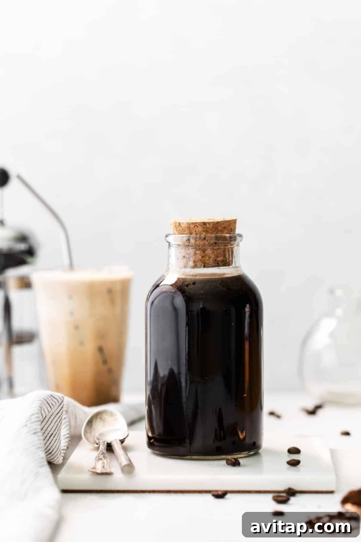 Velvet Vanilla Cold Brew 3 Freshly brewed cold brew coffee stored in a clear glass jar, labeled and ready for daily use.