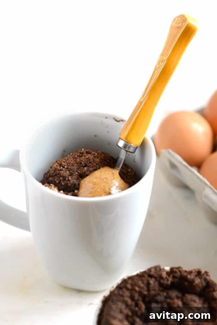 Decadent Coconut Flour Chocolate Mug Cake 2 Close-up view of a freshly baked coconut flour mug cake, showcasing its tender texture and quick preparation time.