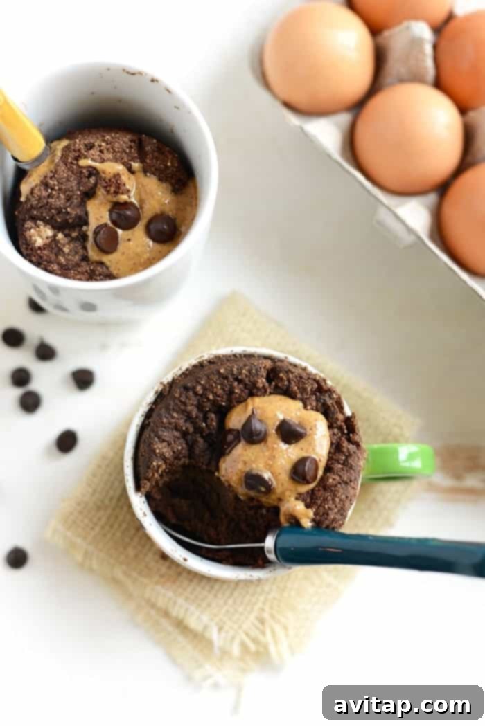 Decadent Coconut Flour Chocolate Mug Cake 3 Two single-serving chocolate coconut flour mug cakes in mugs, one topped with rich nut butter and dark chocolate chips, ready to be enjoyed as a quick dessert.