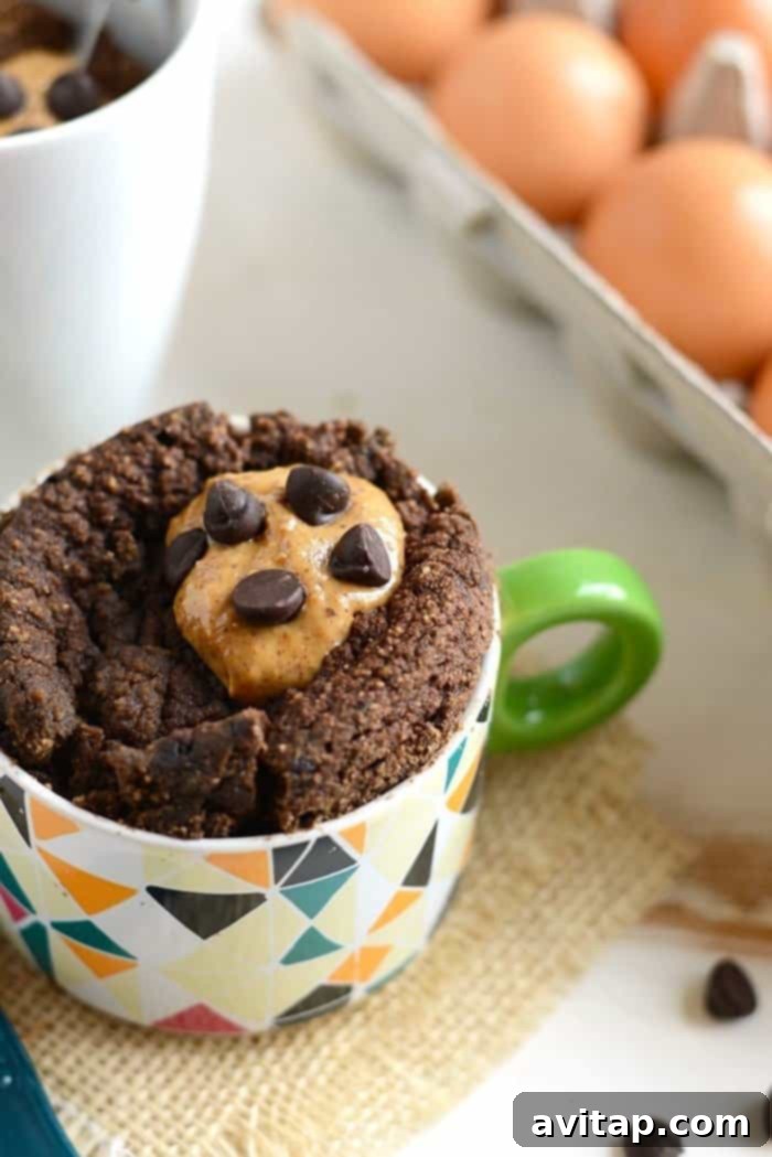 Decadent Coconut Flour Chocolate Mug Cake 4 A close-up view of a perfectly baked chocolate coconut flour mug cake in a mug, showcasing its fluffy texture and inviting dark chocolate color.