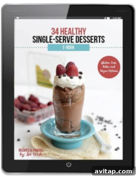 Decadent Coconut Flour Chocolate Mug Cake 6 Cover image of the '34 Healthy Single-Serve Desserts' E-Book by Fit Foodie Finds, showcasing various healthy individual dessert options.
