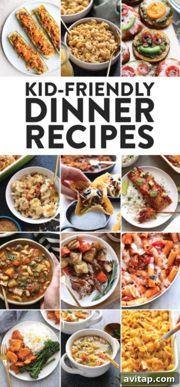 A vibrant collage showcasing various healthy kid-friendly dinner recipes like mini pizzas, tacos, and colorful bowls, emphasizing diverse meal options.