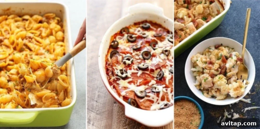 A colorful collection of wholesome casserole recipes, featuring dishes like hamburger casserole and chicken parmesan bake, perfect for family dinners.