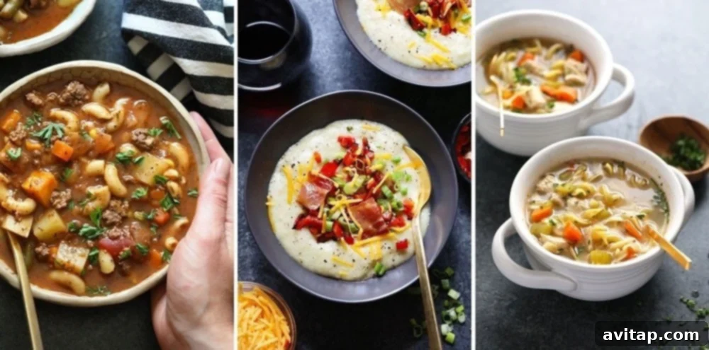 A selection of comforting and healthy soup recipes, including chicken noodle soup and hamburger soup, ideal for family meals.