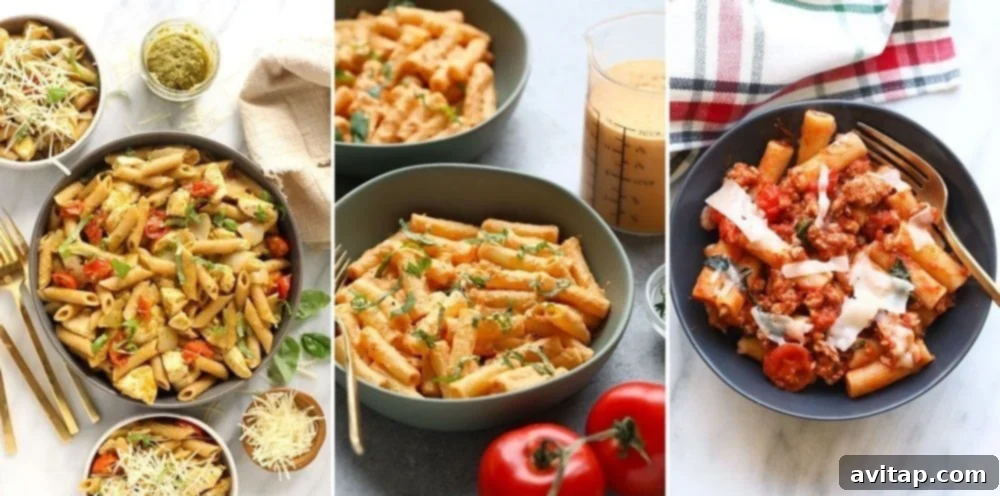 An array of healthy pasta recipes, showcasing dishes like pesto chicken pasta and creamy tomato basil pasta, appealing to all ages.