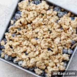 uncooked blueberry crisp in baking dish.