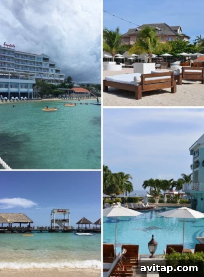 Travelers enjoying the beach and water activities at Sandals Ochi Beach Resort in Jamaica, a perfect all-inclusive destination for couples and sister trips arranged by Funjet Vacations.