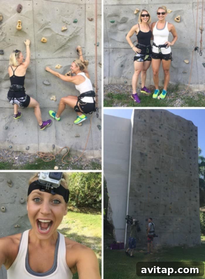Influencer rock climbing at Sandals Ochi Beach Resort in Jamaica, as part of a Funjet Vacations sponsored video shoot showcasing resort activities.