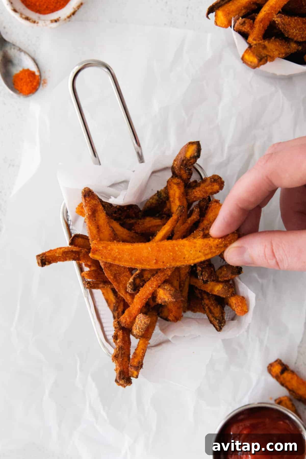 Air-Fried Sweet Potato Perfection 9 A full basket of crispy air fryer sweet potato fries, perfectly golden and ready for serving