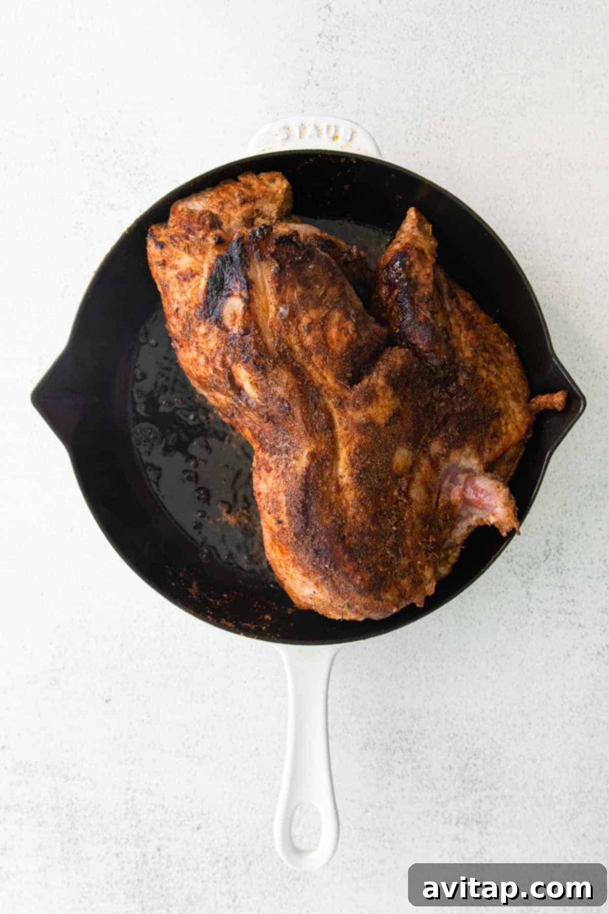 Achieving a perfect sear on pork shoulder Pork cooking in a frying pan, getting a beautiful sear