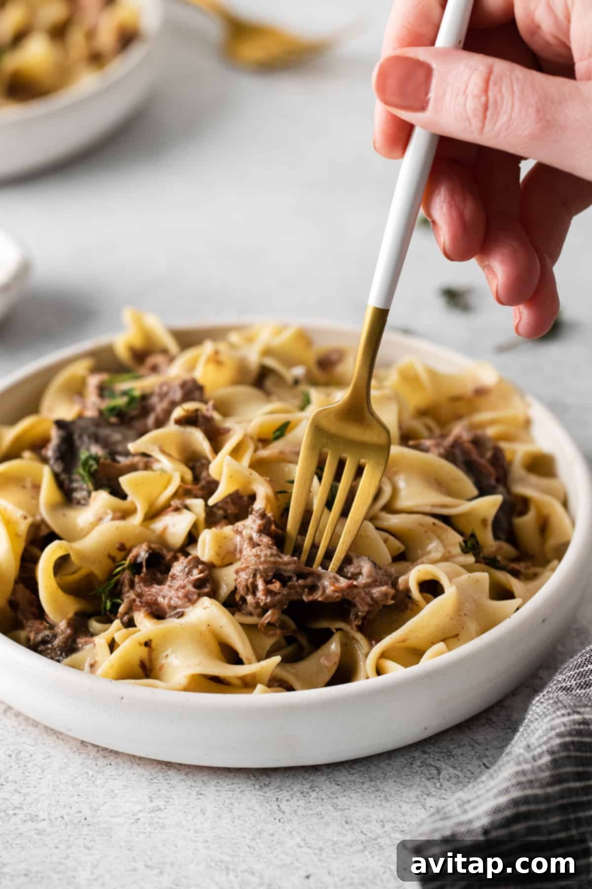 Bowl of slow cooker beef stroganoff with egg noodles on a fork