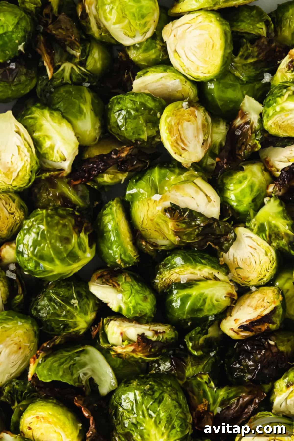 Air fryer Brussels sprouts generously sprinkled with fresh sea salt and Parmesan cheese, highlighting their appetizing texture.