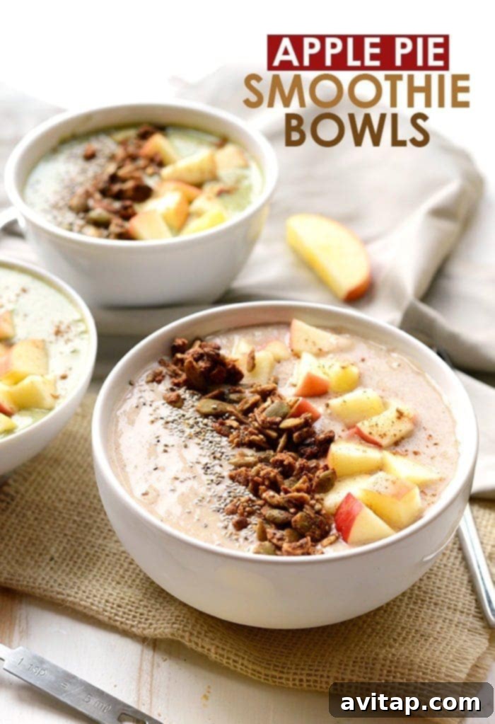 Savor a guilt-free Apple Pie Smoothie Bowl for breakfast, bursting with real apple flavor. Delicious apple pie smoothie bowl topped with granola, fresh apple slices, and cinnamon, ready for a healthy breakfast.