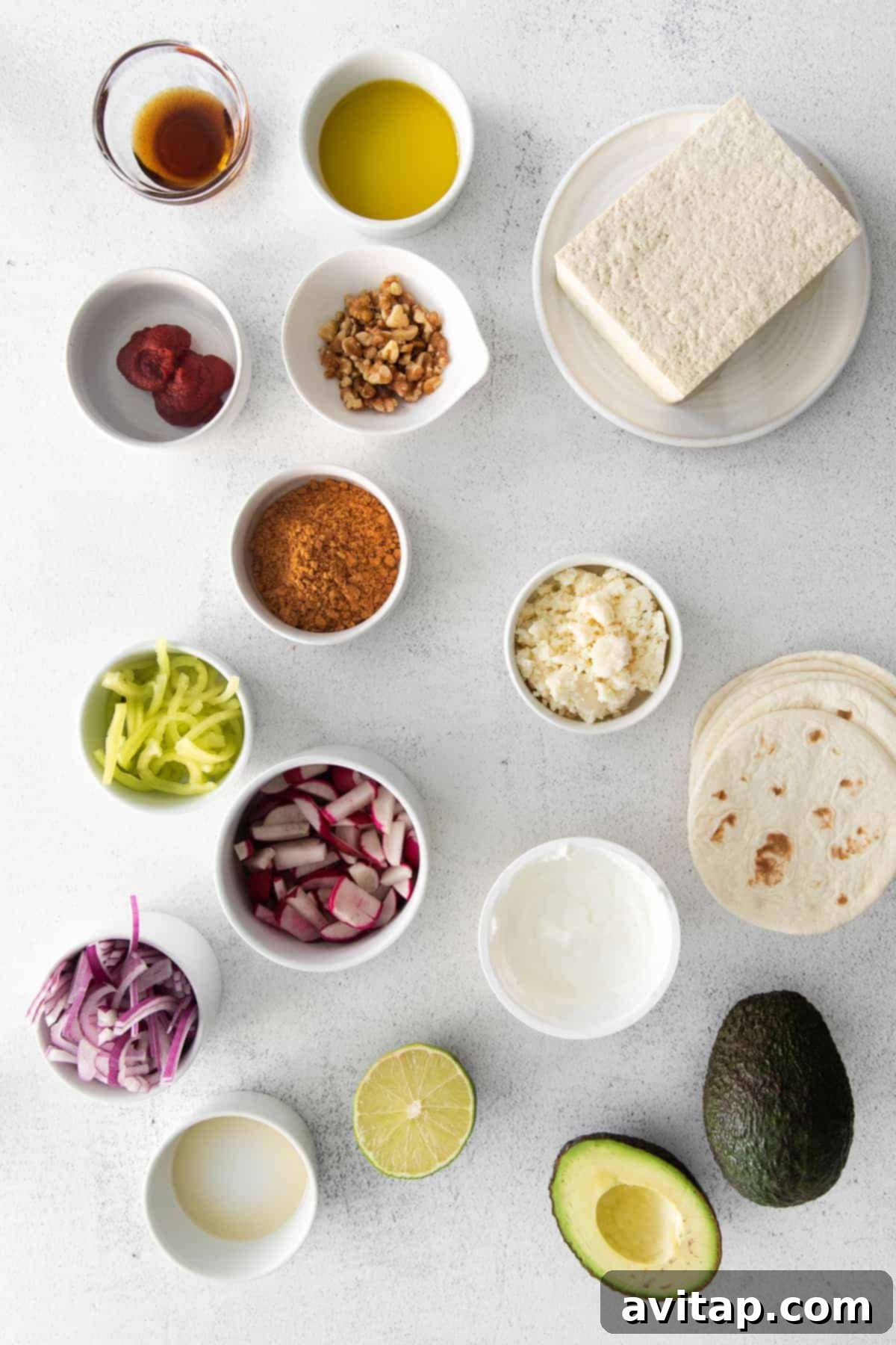 Flavorful Tofu Tacos 3 All the ingredients for tofu tacos in small dishes.