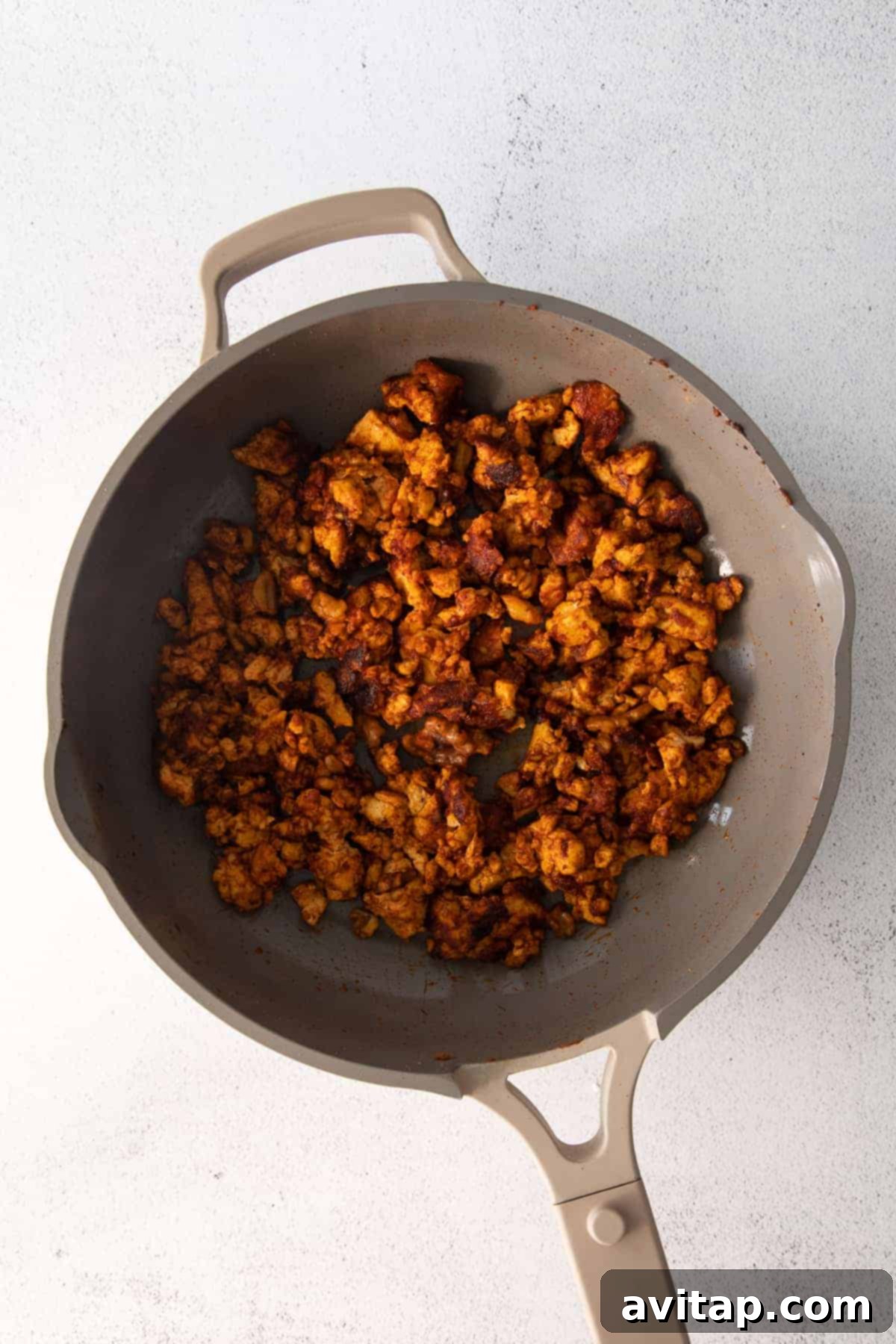 Flavorful Tofu Tacos 9 Tofu crumble in a pan.
