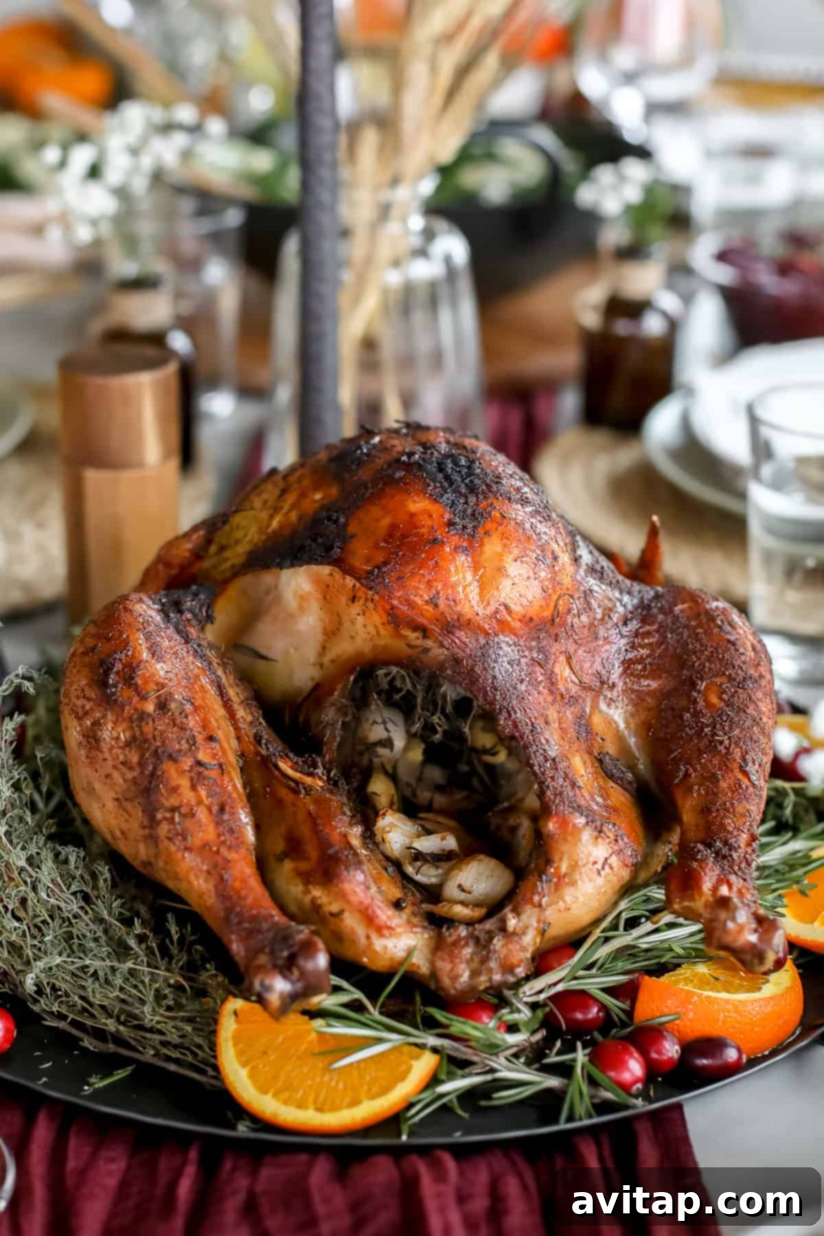 Smoked Turkey Perfection 10 A whole smoked turkey, garnished with fresh herbs, elegantly displayed on a large platter, inviting guests to a feast.