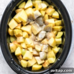 Chopped potatoes in slow cooker with broth and spices