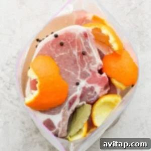 Pork brining in a bag, showing the liquid solution and meat.