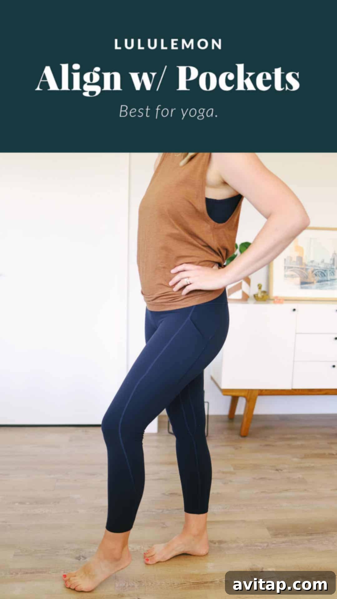 Lululemon Align leggings with pockets: practical and comfortable. Woman wearing Lululemon Align leggings with convenient side pockets, demonstrating practical style.