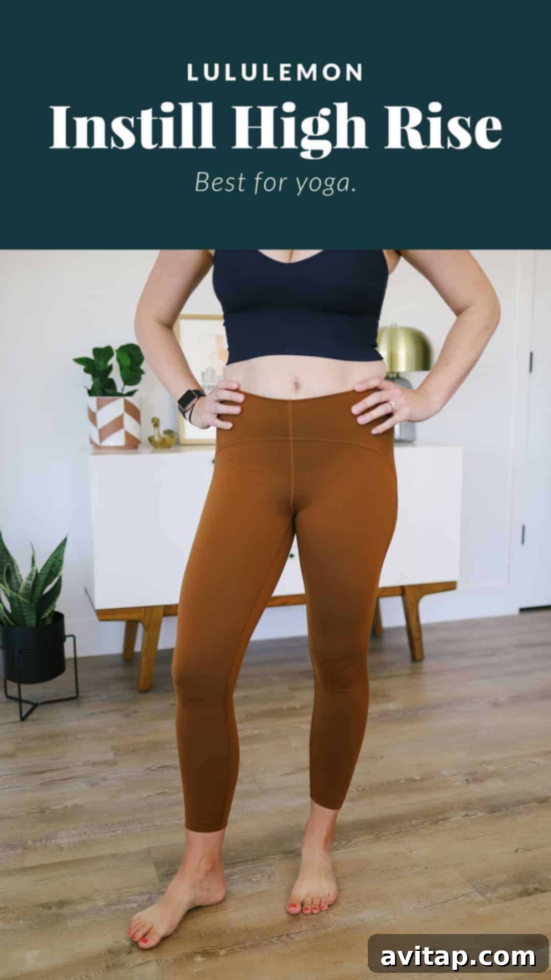Lululemon Instill leggings: flattering for workouts and daily wear. Woman showcasing the flattering lines and comfortable fit of Lululemon Instill leggings during a casual pose.