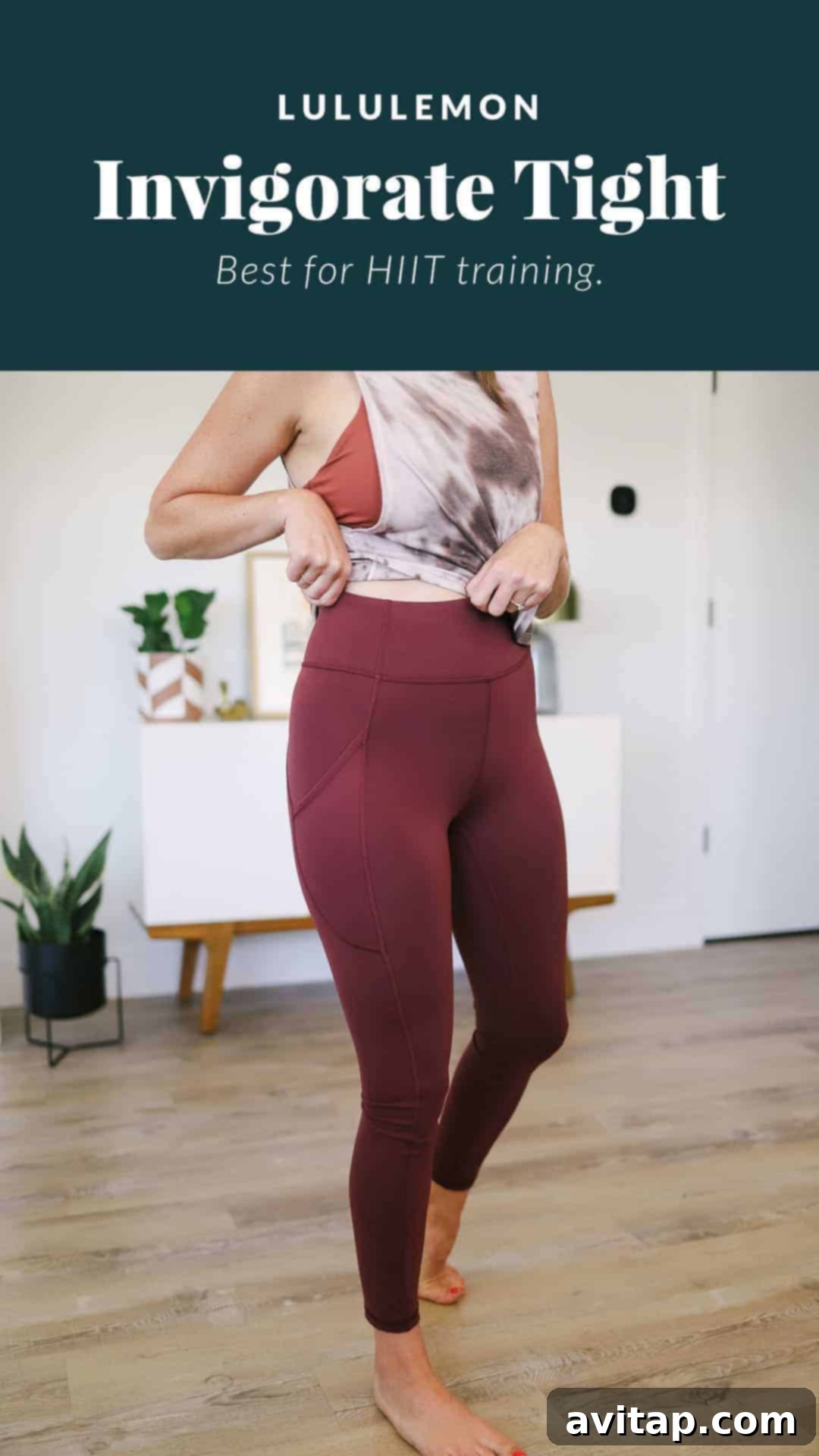 Lululemon Invigorate leggings: perfect for running with convenient side pockets. Woman posing confidently in Lululemon Invigorate leggings and a tie-dye tank top, highlighting the side pockets.
