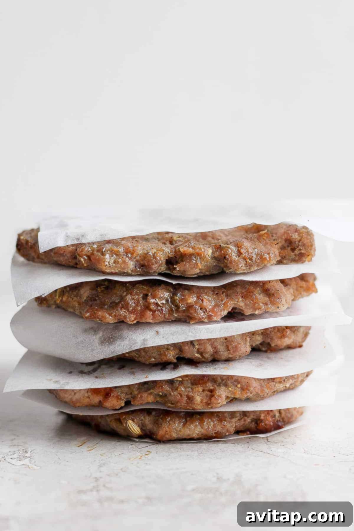 A stack of golden-brown breakfast sausage patties, separated by parchment paper, ready for freezing or serving.