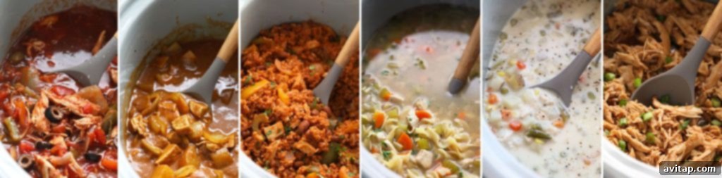 A collage of various delicious crockpot chicken recipes including soups, stews, and casseroles.