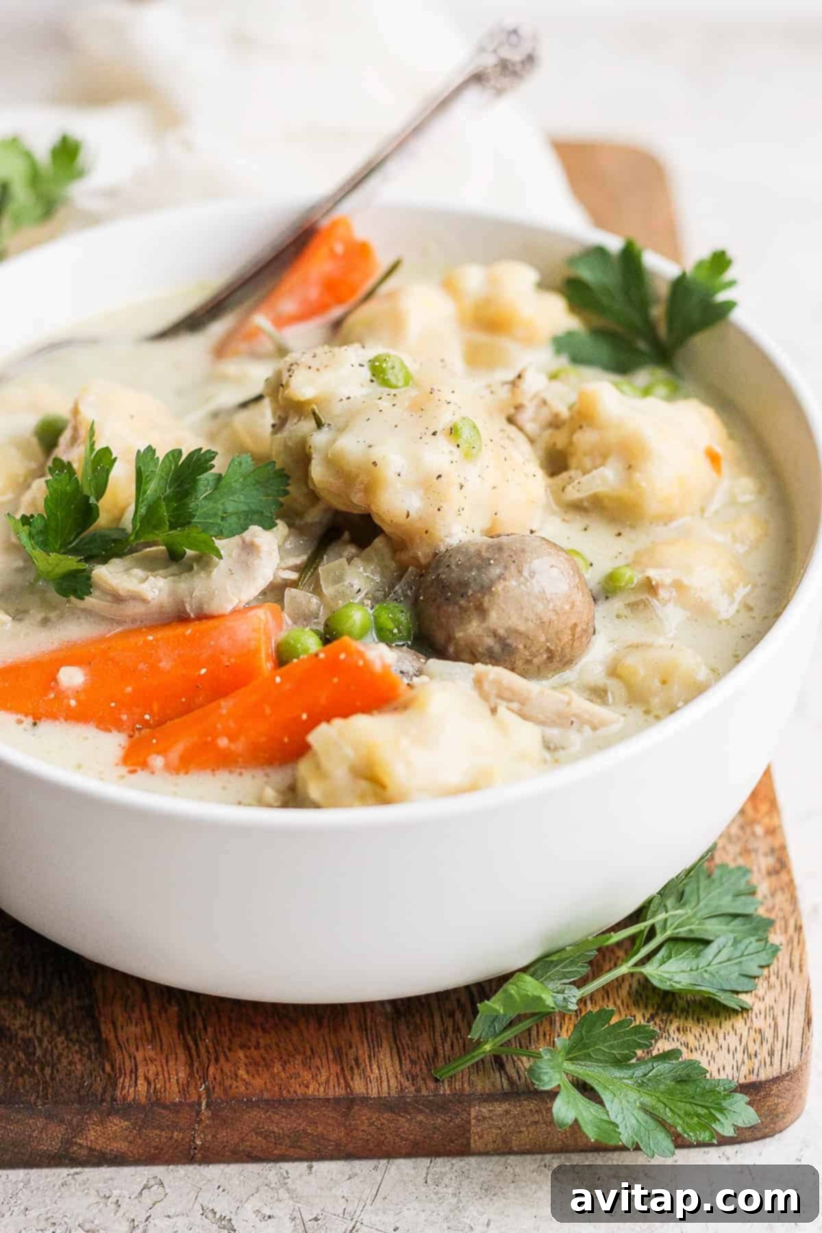 A serving of slow cooker chicken and dumplings in a rustic bowl, perfect for a cozy dinner.