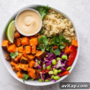 A beautifully assembled Thai Coconut Quinoa Bowl, ready to be enjoyed.