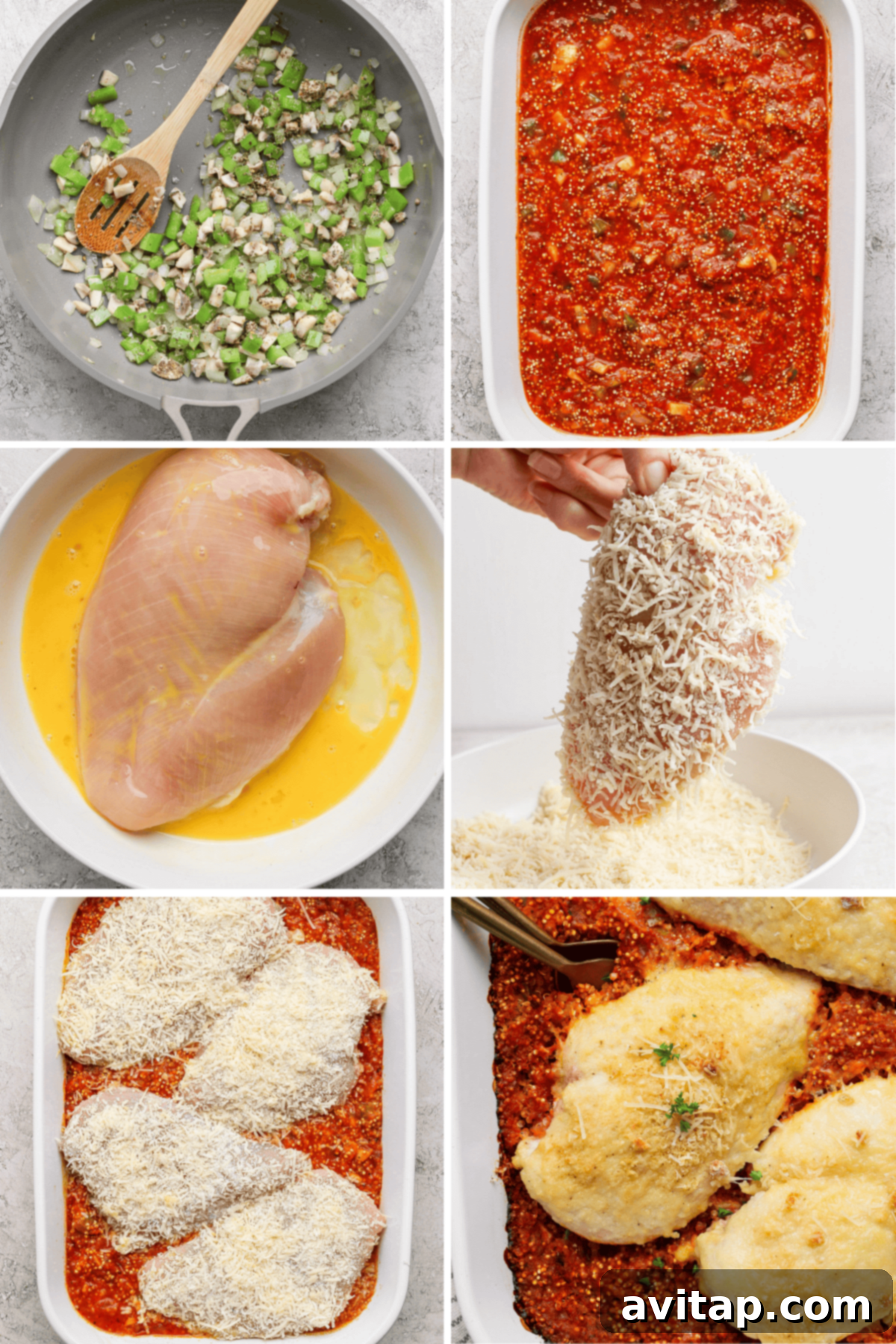 Parmesan Chicken Quinoa Bake 3 Step-by-step process of preparing chicken Parmesan quinoa casserole: sautéing vegetables, layering sauce, coating chicken with egg and breadcrumbs, arranging in a dish, and baking until golden brown.