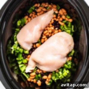 Chicken breasts, beans, and bell peppers in a slow cooker, submerged in enchilada sauce, ready for cooking.