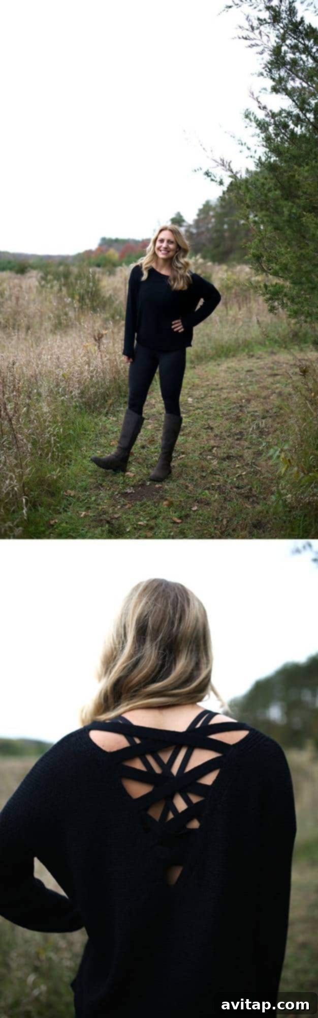 Detailed review of the En Creme Asana Back Detail Sweater from Fit Foodie Finds' November 2015 Stitch Fix, highlighting its elegant open back and versatile black color for fall outfits with leggings and boots.