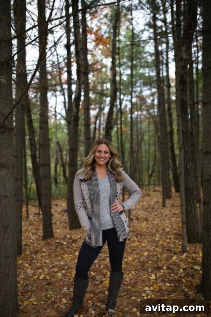 Fit Foodie Finds' review of the Pixley Kaity Open Cardigan from her November 2015 Stitch Fix, showcasing its soft fabric and perfect styling for fall with a v-neck and leggings.
